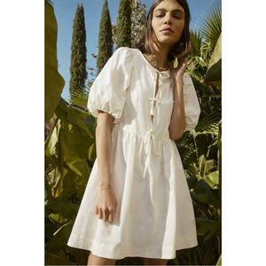 H&M Cream Linen Puff Sleeve Tie Front Midi Dress XS
